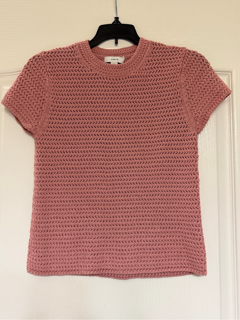 Vince Dusty Rose Crochet Open Knit Short Sleeve Sweater Top Cotton Crewneck XS
